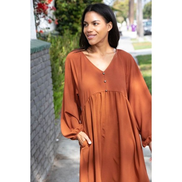 Rust Crepe V Neck Raglan Babydoll Dress - Picture 5 of 12